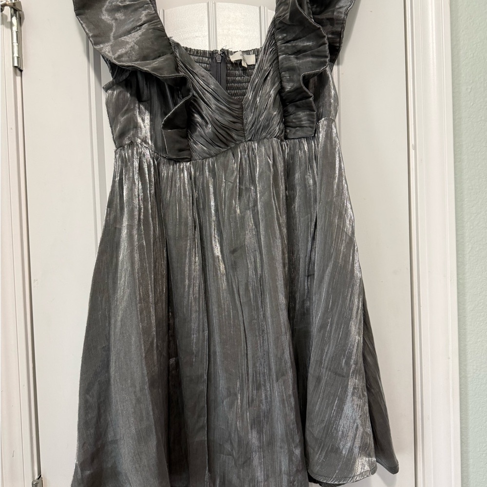 Metallic Silver Ruffle-Detail Women's Dress